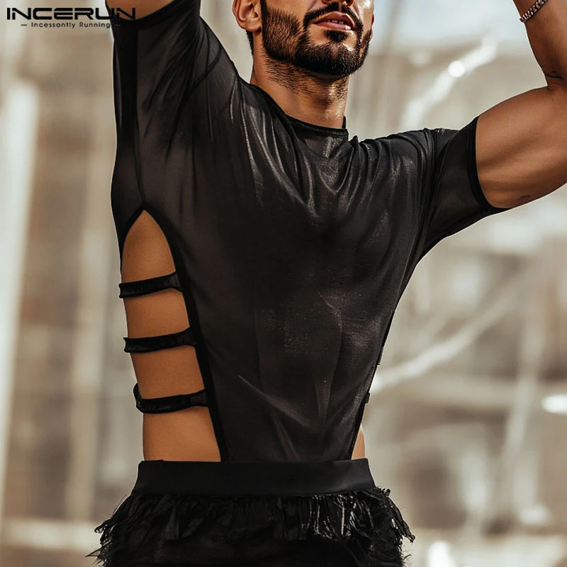 

INCERUN Men Bodysuits Solid Color Shiny O-neck Short Sleeve Rompers Men Streetwear Hollow Out Sexy Zipper Transparent Bodysuit