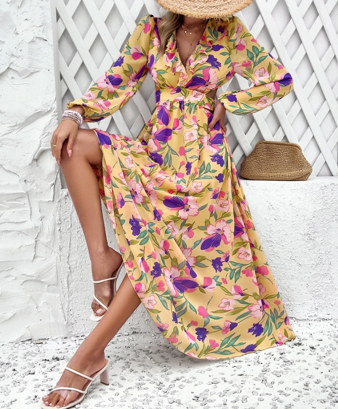 

Leisure Vacation Style Summer Fashion Dresses V-Neck Floral Print Long Sleeved Chiffon A-Line Skirt Bohemian Vacation Long Skirt