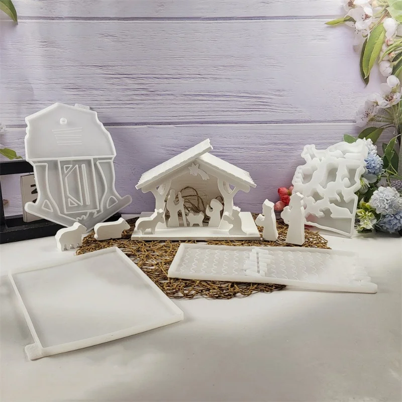 Birth of Jesus House Plugin Candle Base Silicone Mold DIY Gypsum Cement Handmade Decoration Ornament Resin Mold Home Handicrafts