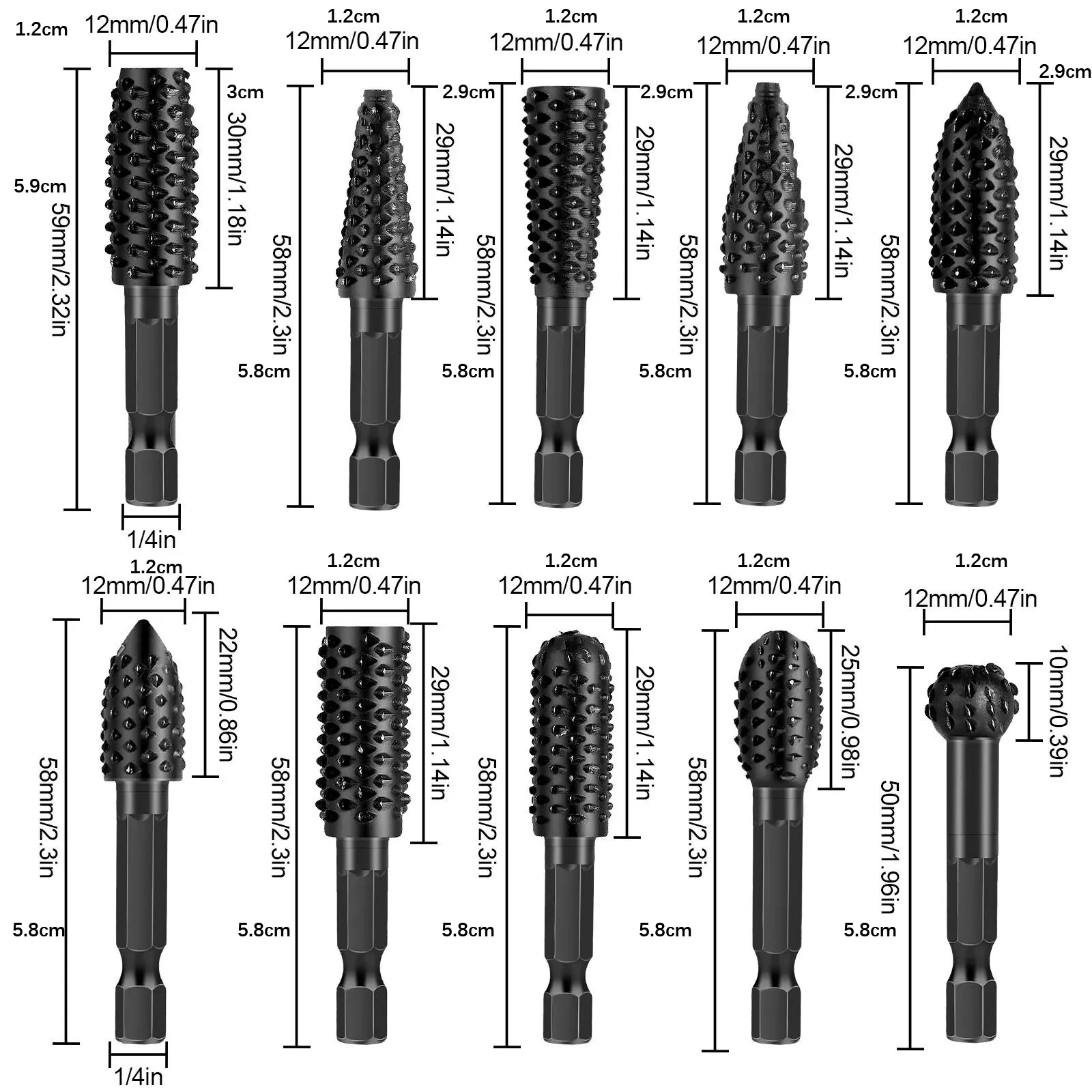 10Pcs Wood Carving Rasp Drill Bits 1/4 Shank Rotary Files Woodworking Burrs Grinding Tool Cutting Engraving Deburring Shaping