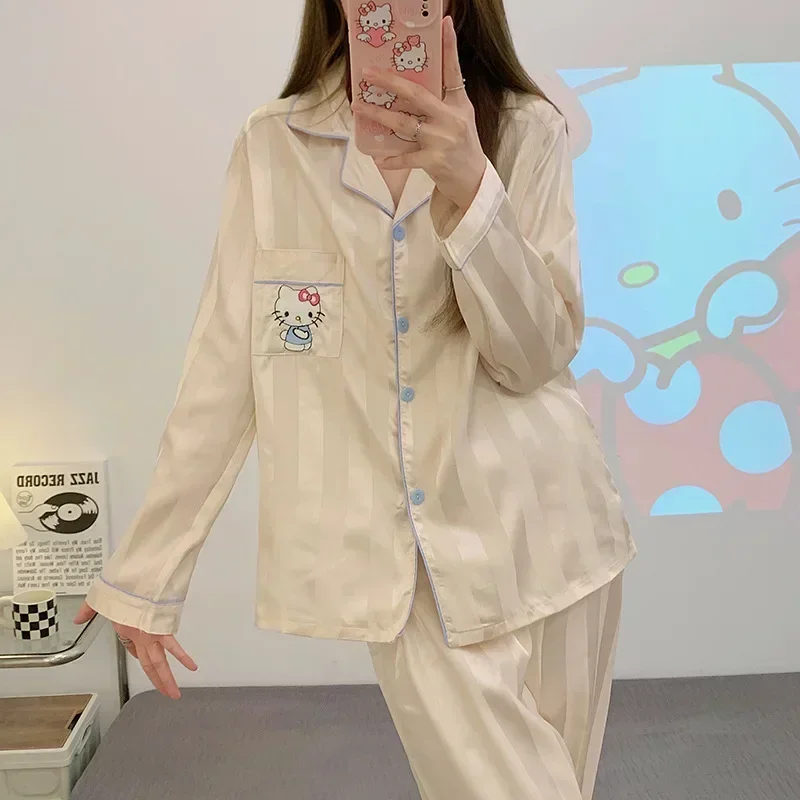 Hello Kitty's new women's pajamas, ice silk long-sleeved trousers cartoon casual two-piece set Sanrio loungewear pajamas