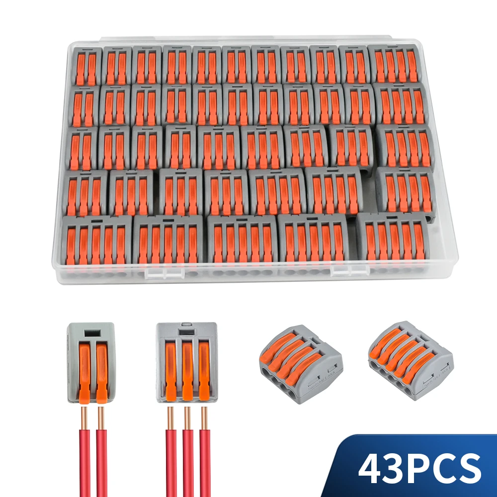 43-teiliger elektrischer Mini-Schnellhebel-Kabelverbinder in Box, 1 Eingang, mehrere Ausgänge, kompakter Spleißanschlussblock, einfach zu installieren