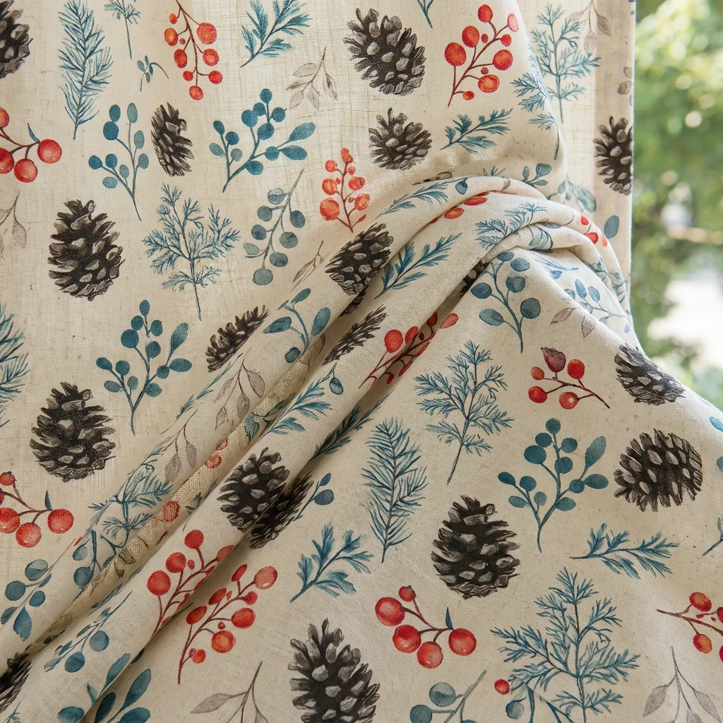 1PC Vintage Cherry Print Linen Curtain, Semi-Sheer Privacy Window Drapery, Retro Tea House Style, Single Piece, Light Filtering