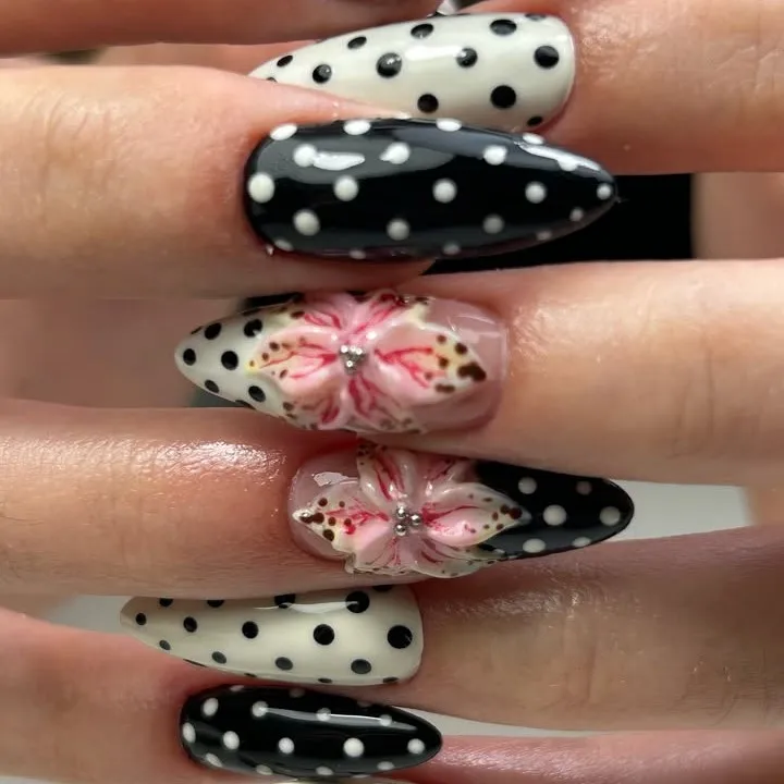

10pcs Handmade Nails Long Almond Homemade White Black Polka Dots Press on Nails 3D Pink Flower Fake Nail Press Ons Acrylic Nail