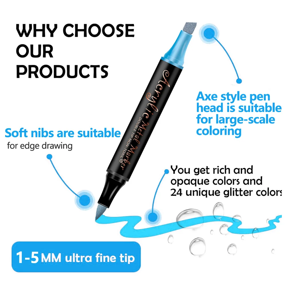 أقلام تحديد فنية من الأكريليك المعدني 12/24 لونًا - سريعة الجفاف ومقاومة للماء وناعمة |   للرسم اليدوي والإنشاء الفني والحرف اليدوية.