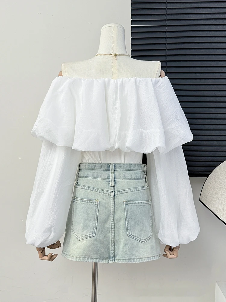 Kimotimo French One Shoulder Ruffled Waist Short Blouses Women Autumn Sexy Solid Slim Fit Long Sleeve Shirt Blusa Ladies Tops