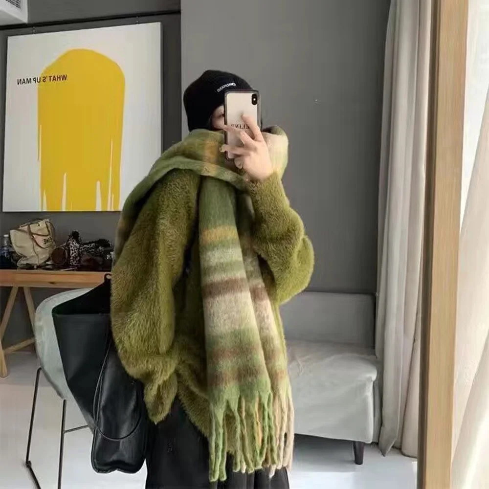 Rainbow Plaid Scarf High-End Thickened Thick Tassel Shawl Warm Christmas Muffler Scarf for Women Men Knitting Scarf Neck Warm