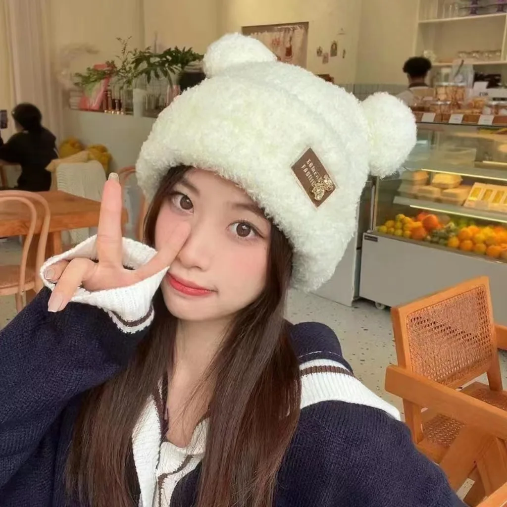 Plush Hat Autumn Winter Women Beanie Caps Warm Cute Bear Ear Hat Casual Couple Knitted Plush Soft Warm Beanies Hats Present 2024