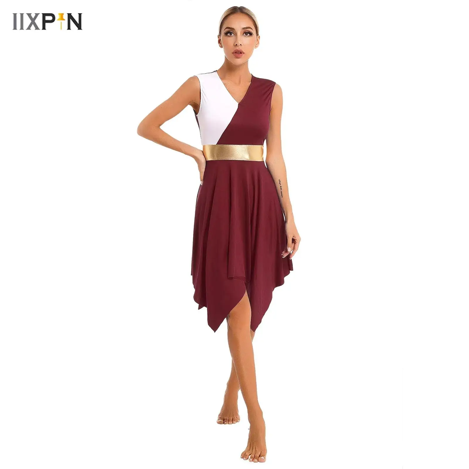 Robe de danse moderne pour femmes, col en V, sans manches, bloc de couleurs, Patchwork, ourlet irrégulier, pour bal de promo, danse liturgique