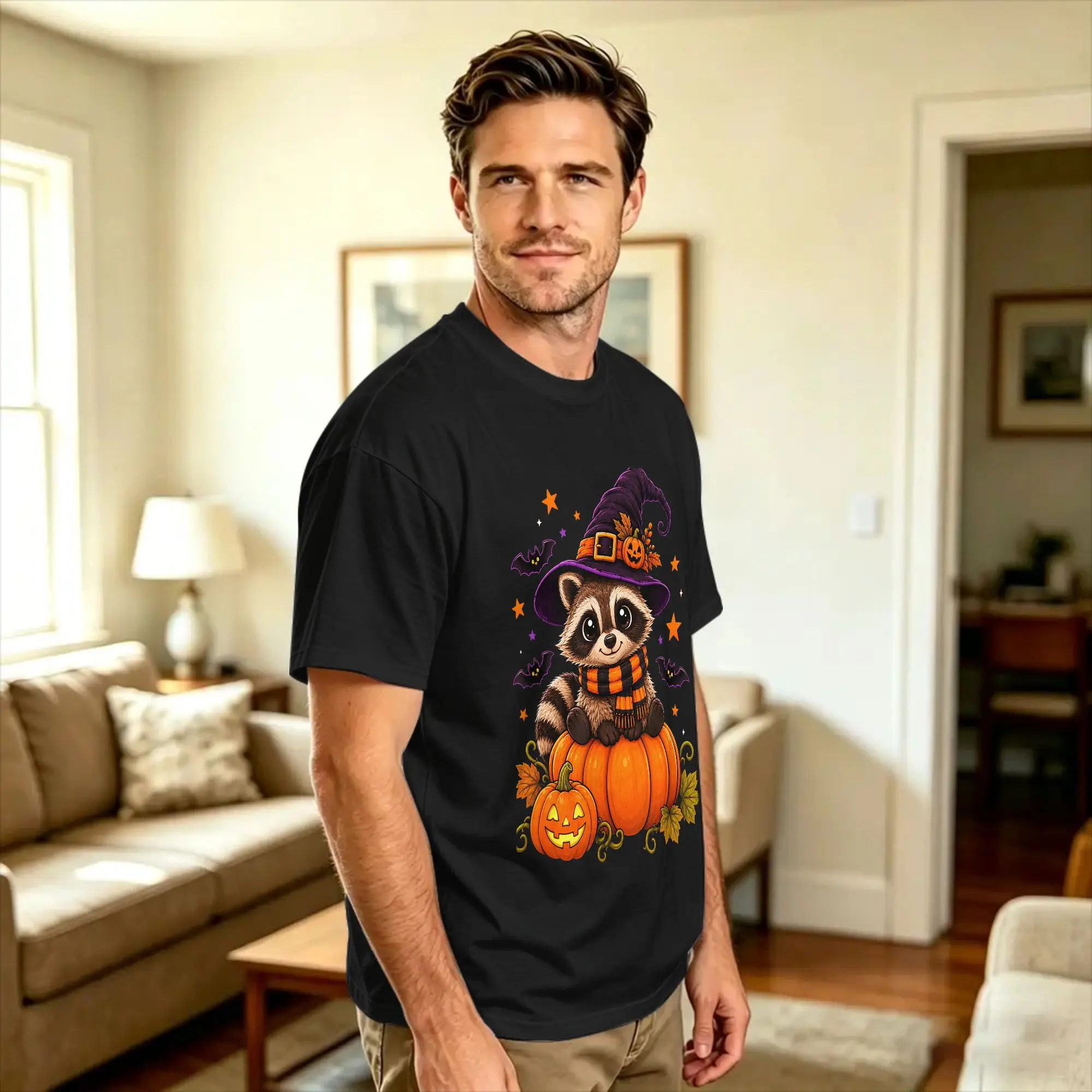 Racoon Pumpkin Hat Witch Fall Vibs Autumn Season Halloween T-Shirt Summer  Street Style T Shirts Cotton Hippie Tshirt For Male