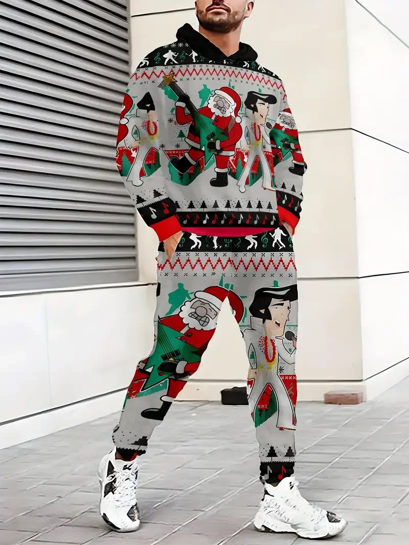 Nowe świąteczne męskie bluzy z kapturem i spodniami Garnitur 3D Brzydki Święty Mikołaj Nadruk Xmas Dwuczęściowy dres dla dorosłych Casualowe bluzy Joggery Zestawy