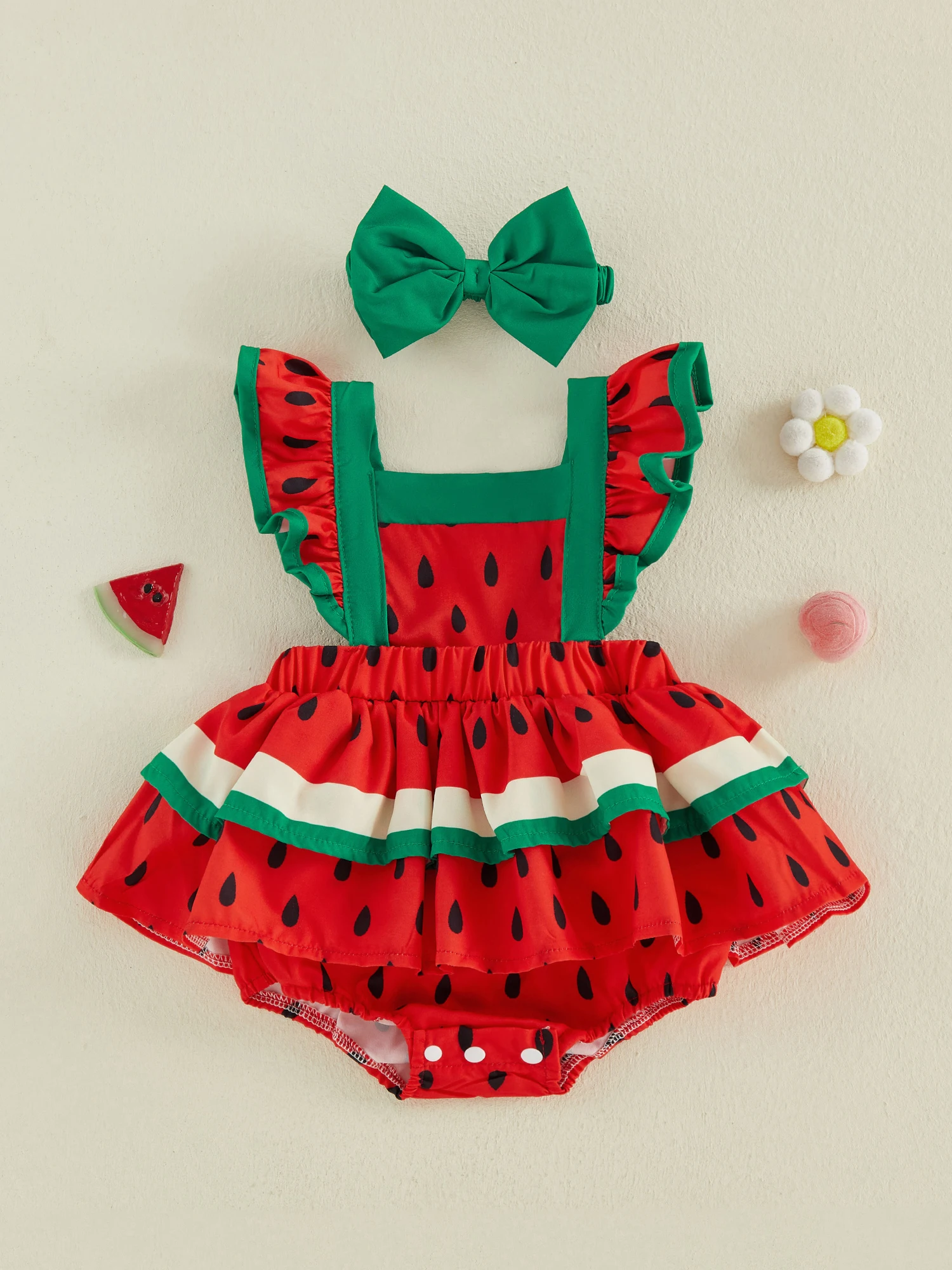 

Очаровательный комплект для маленьких девочек: комбинезон с лимонным принтом и рюшами на рукавах, в комплекте с подходящей повязкой на голову и бантом — милый летний наряд для младенцев