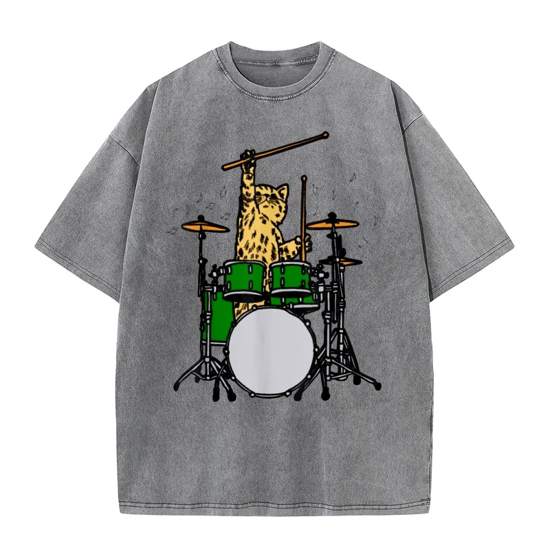 Drummer Cat Music Lover Musician Playing The Drums T-shirt Men's Tee Shirt Short Sleeve Male Clothes Fashion