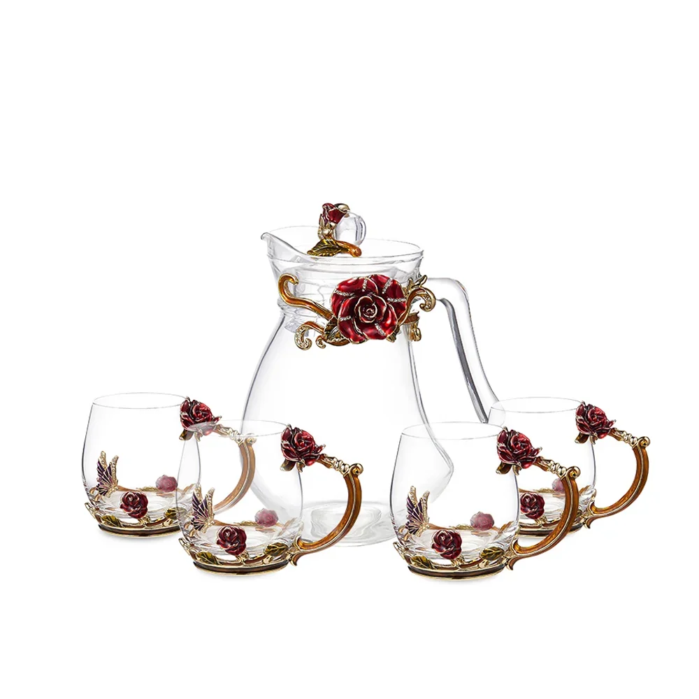 Luxury Royal Turkish European Afternoon Enamel Flower Rose Kettle Water Glass Tea Cup Set Coffee & Tea Sets