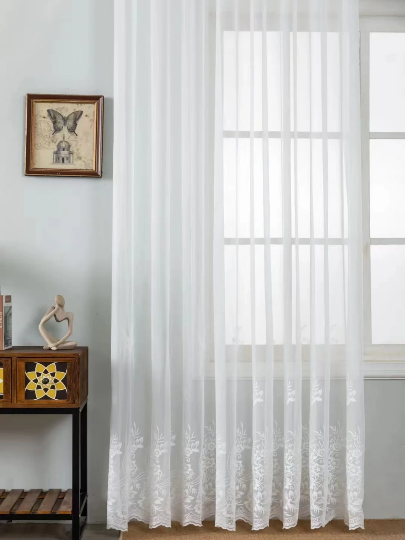 Sheer Curtains White Embroidered Floral VoileDrapes for Living room, Bedroom