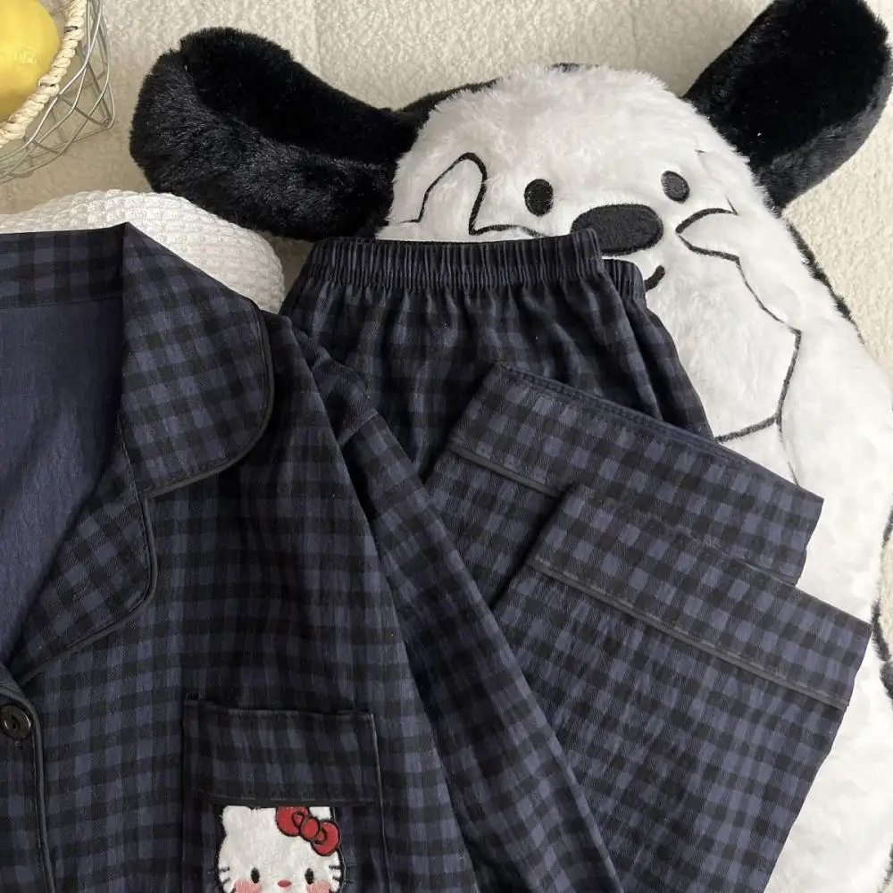 Kawaii Hello Kitty Cotton Cardigan Cute Pajamas Soft and Skin Friendly Spring Autumn Sleepwear Set Man Women Home Anime Clothes