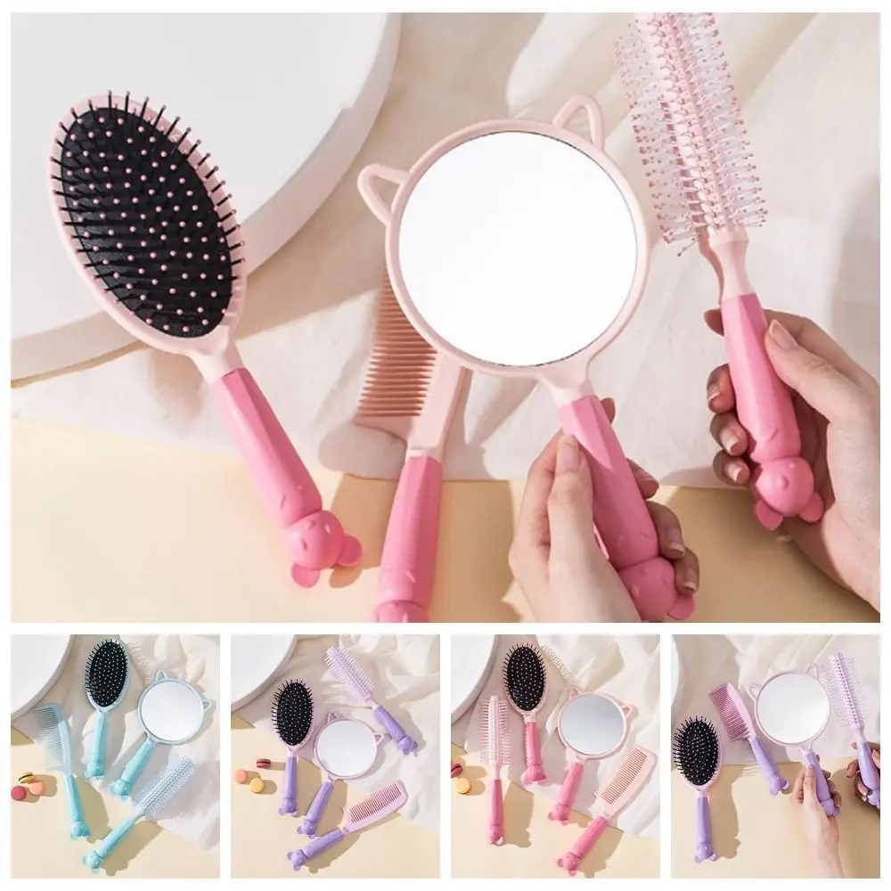 

4pcs/set Candy Colors Massager Comb Mirror Set Anti-slip Soft Air Cushion Comb Set Anti-static Cartoon
