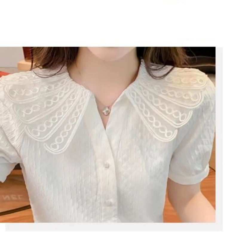 Solid Color Turn-down Collar Button Summer Cardigan Short Sleeve Gauze Embroidery Trendy T-shirt Casual Elegant Women\'s Tops