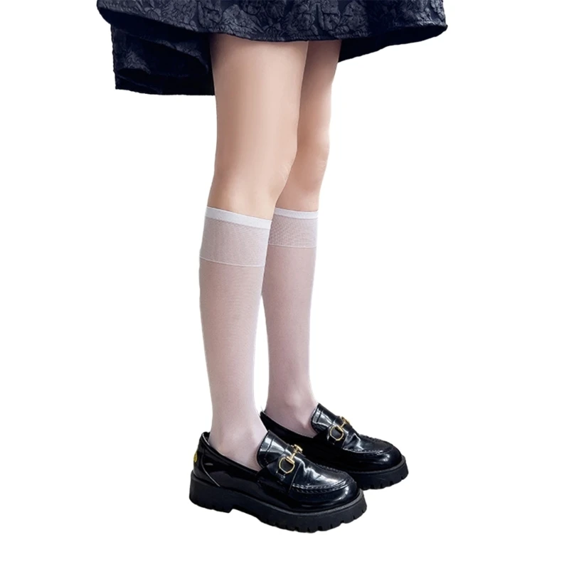 Women Summer Thin Over Calf Socks Solid Color See Through Long Stockings