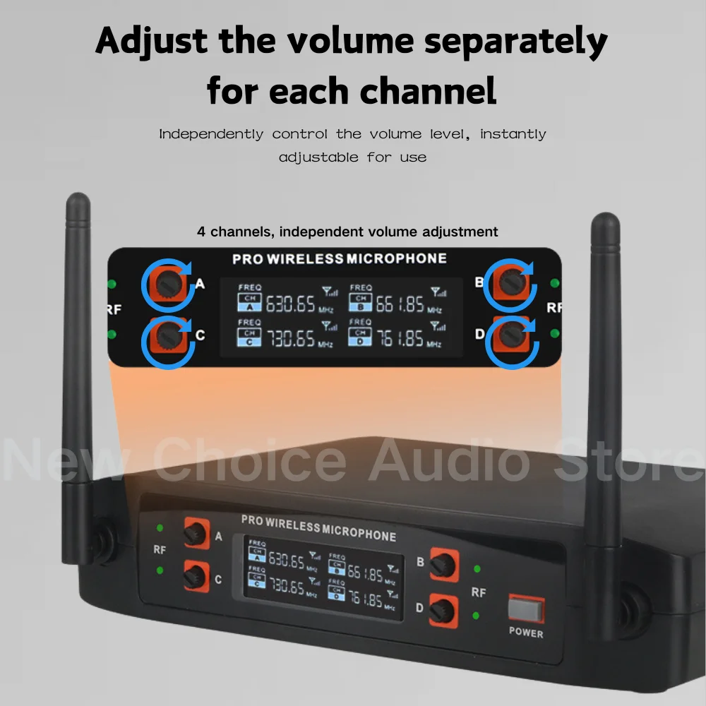 ميكروفون لاسلكي محمول باليد 4 قنوات UHF ميكروفون ديناميكي بتردد ثابت لأداء الكنيسة لحفلات الزفاف والكاريوكي