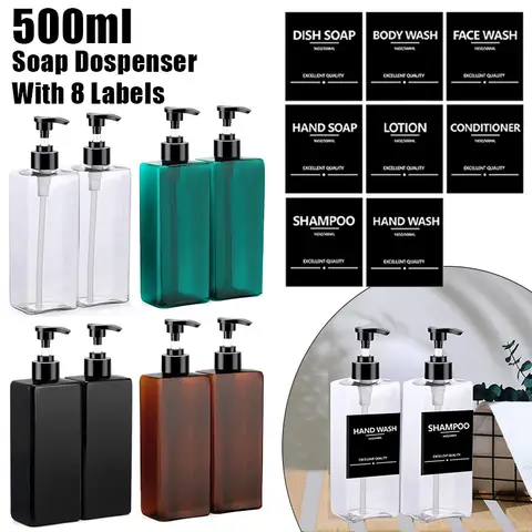 2PCS 500ml 리필 형 사각형 비누 디스펜서 욕실 핸드 펌프 병 방수 라벨이있는 액체 샴푸 바디 워시 컨테이너 Best5 2PCS 500ml 리필 형 사각형 비누 디스펜서 욕실 핸드 펌프 병 방수 라벨이있는 액체 샴푸 바디 워시 컨테이너 Best5