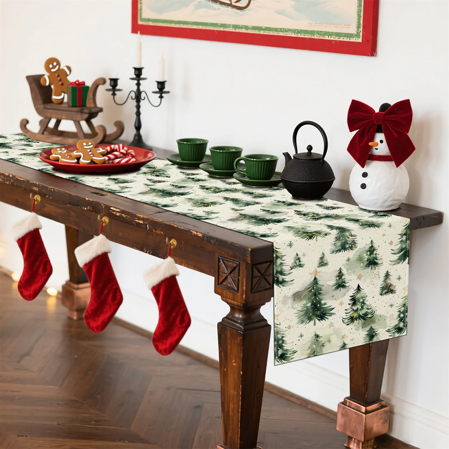 مفرش طاولة شجرة عيد الميلاد الاحتفالية باللونين الأخضر والأبيض لتزيين العطلات مع نجوم ذهبية للاستخدام الداخلي والخارجي وحفلات عيد الميلاد في ديسمبر #2