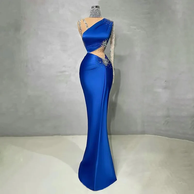 Luxury Beads Evening Dresses for Women Satin Long One Shoulder Floor-Length Mermaid Prom Special Events Gala Elegant Maxi 2023