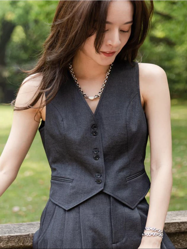 Women Suit Vest Casual Thin Single-Breasted Solid Color Waistcoat Single-Match Blazer