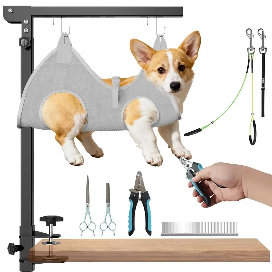 

Ycse Professional Dog Grooming Table Arm with Hammock, Scissors, Nail Clipper Kit Adjustable Grooming Arm Restraint System for S