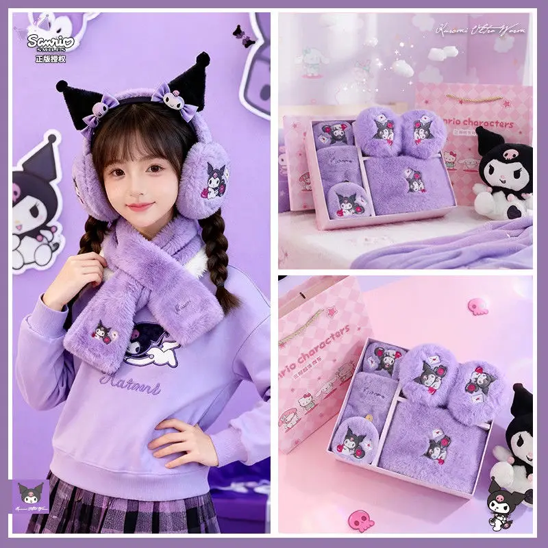 Sanrio Kuromi Cartoon süßes Mädchen Fleece warmer Halstuch kreative Kawaii Mädchen Herz verdickte kältebeständige Handschuhe und Ohrenwärmer