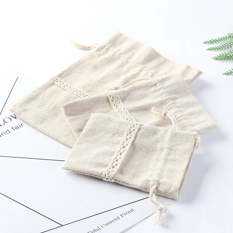 300Pcs/Lot Antique Style Cotton Cloth Bag Creative Lace Bundle Pocket Jewelry Small Item Storage Bag Cotton Linen Cloth Bags