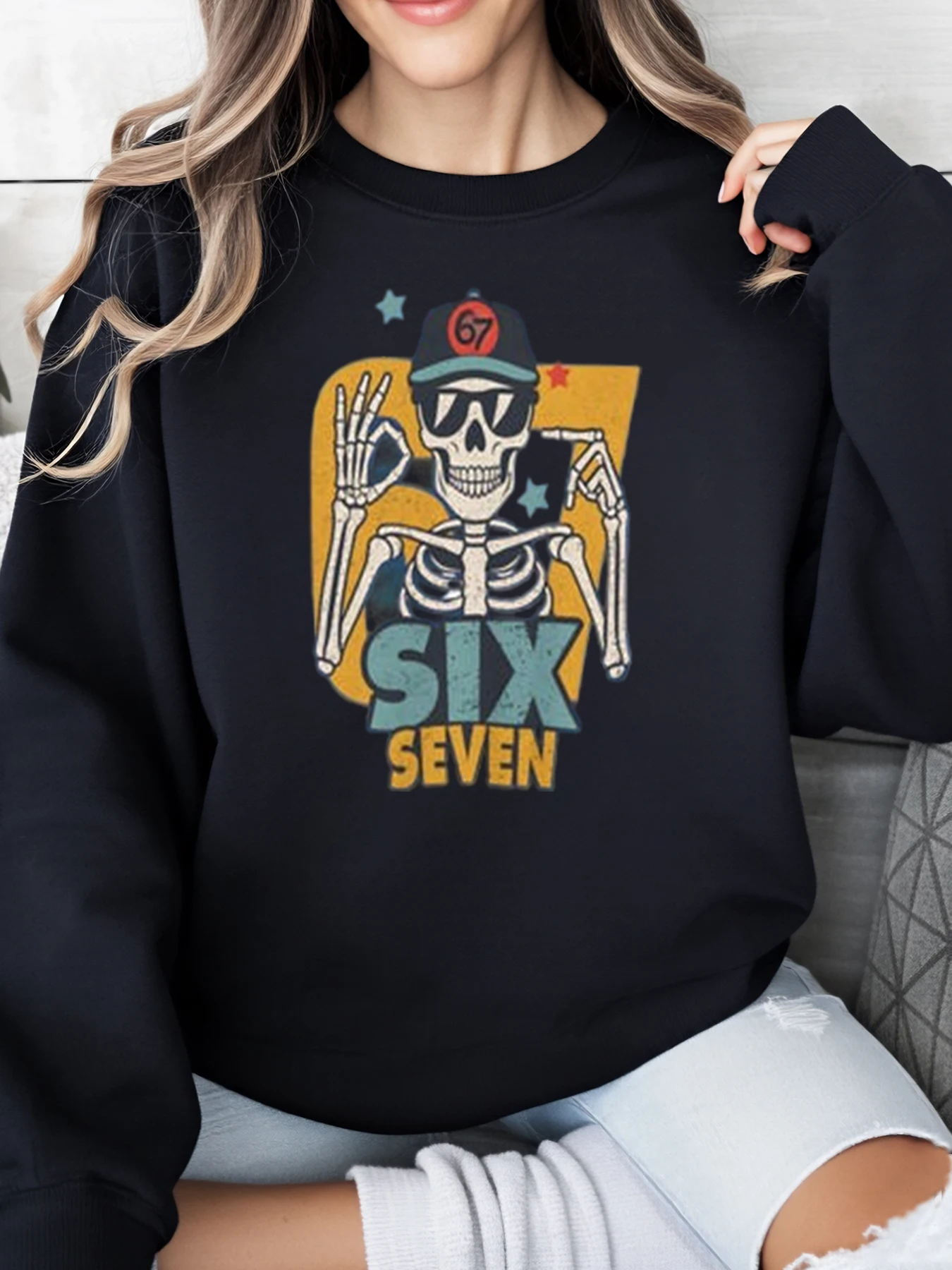 

Толстовка Skeleton Six Seven на Хэллоуин, женская повседневная одежда, наряд для вечеринки, черный, больших размеров