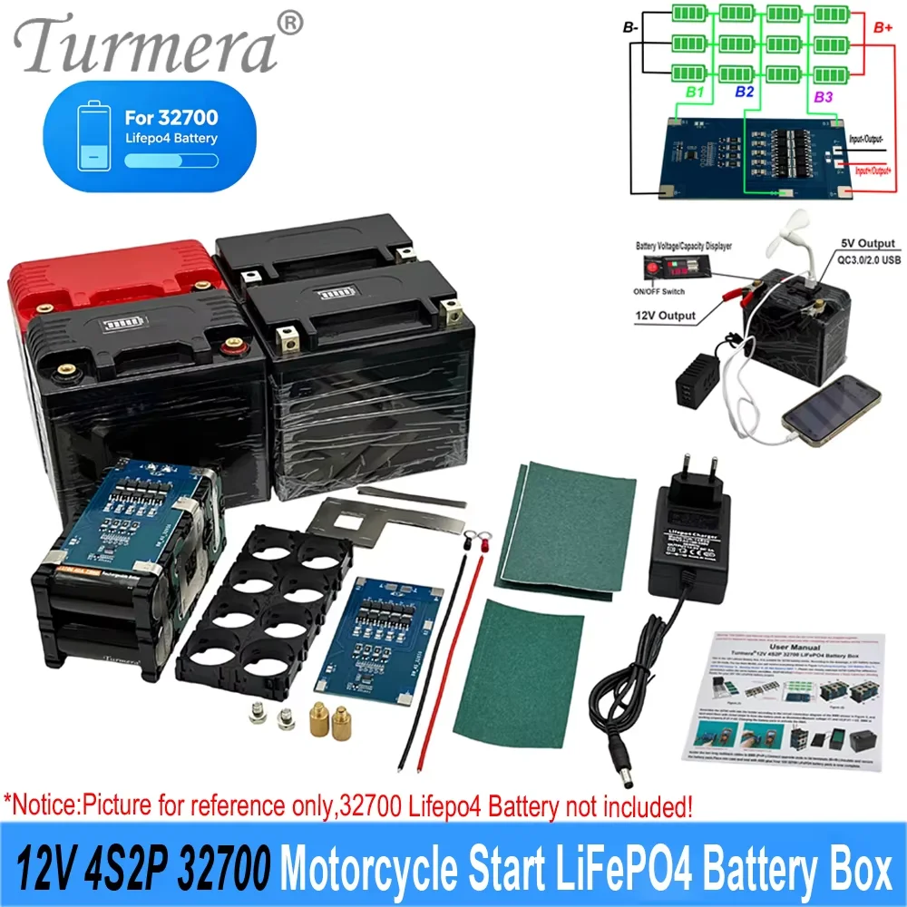 32700 LiFePO4 12V Battery Box 4S2P Holder 40A Balance BMS Customize LED Displayer for Replace 12V Motorcycle Start Lead-Acid Use
