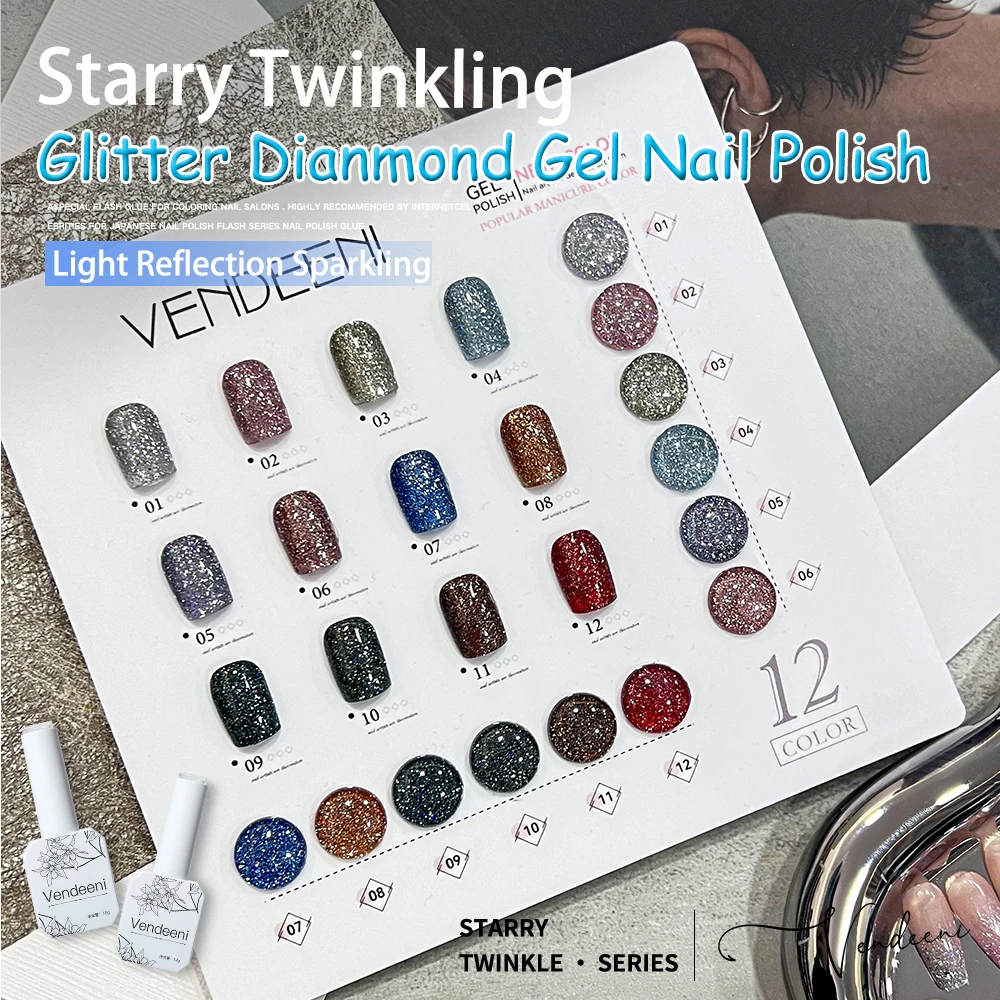 

Vendeeni 12 Colors Glitter Broken Diamond Gel Nail Polish Sparkling Nail Art Gel Varnish With Reflective Effect UV Gel Lacquer