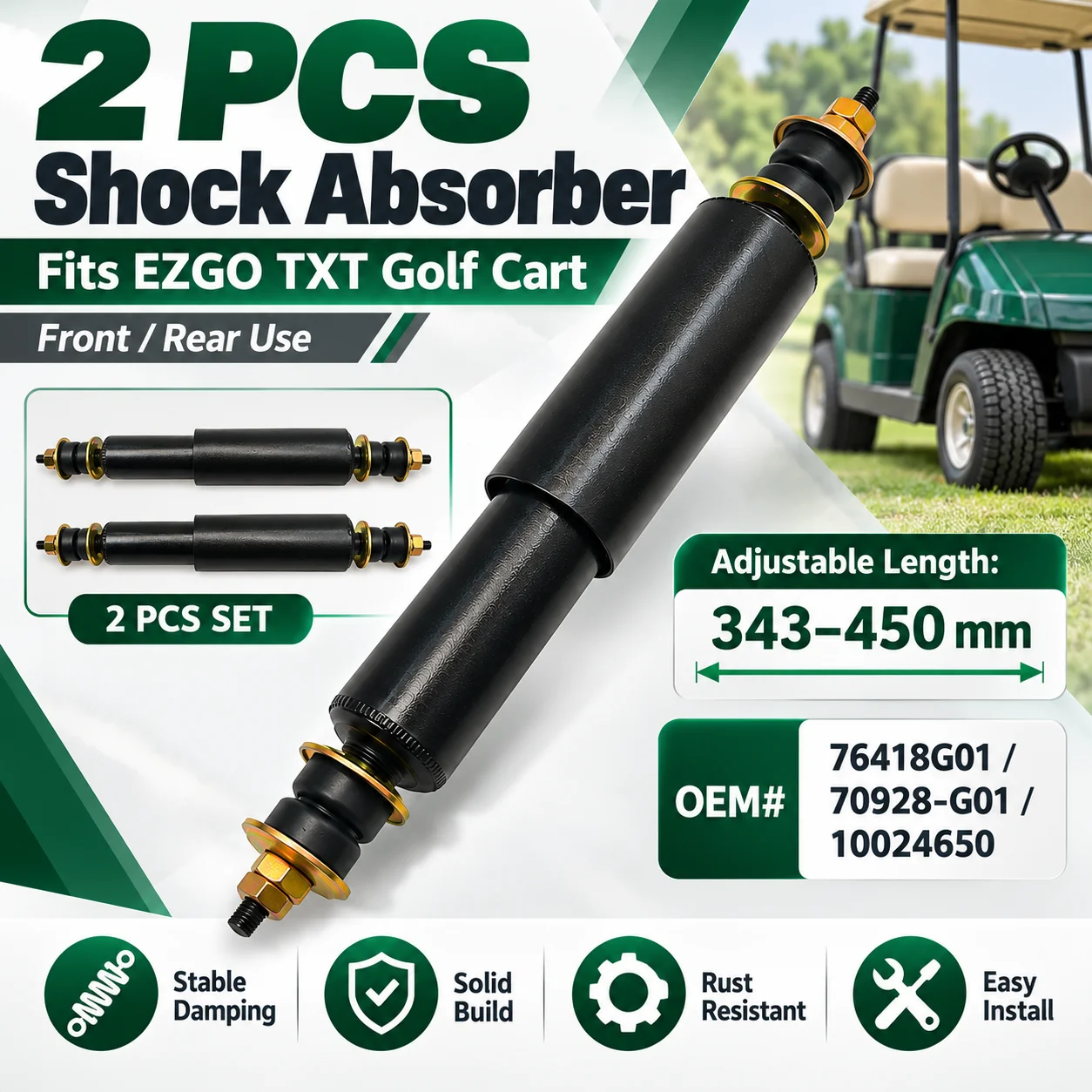 2PCS EZGO Golf Cart Spring Shock Absorber Damper, Replacement Suspension Shock OEM#76418G01