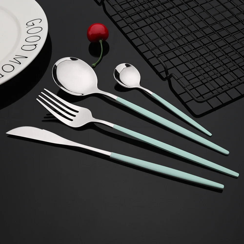 16Pcs Green Silver Dinnerware Set Knife Fork Coffee Spoon Cutlery Set Stainless Steel Tableware Western Home Kitchen Flatware