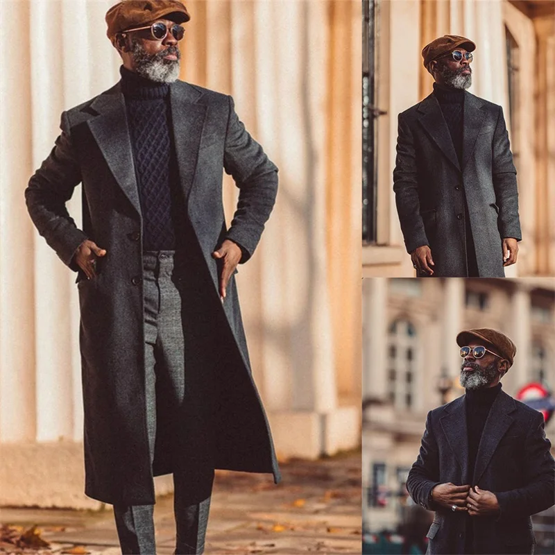 Costume d'hiver en laine gris foncé pour homme, manteau Long, Blazer chaud et épais, simple boutonnage, Trench Coat, veste de bal, tenue de soirée