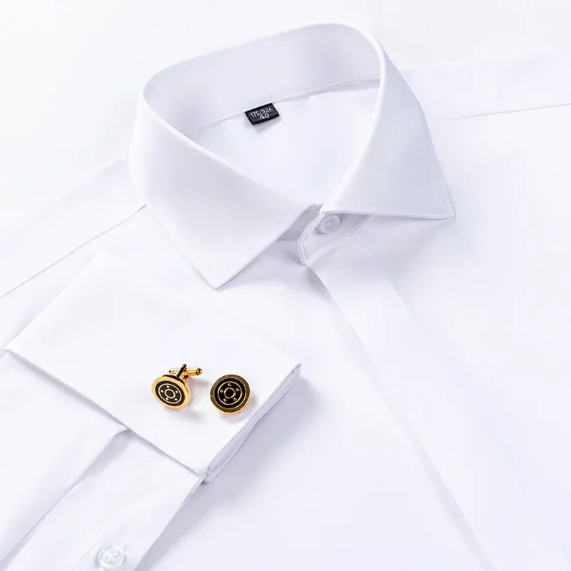 Windsor Collar French Cuff Dress Shirt Fashion Men\'s Long Sleeve Luxury Business Formal Shirts Covered Button Cufflink Shirt