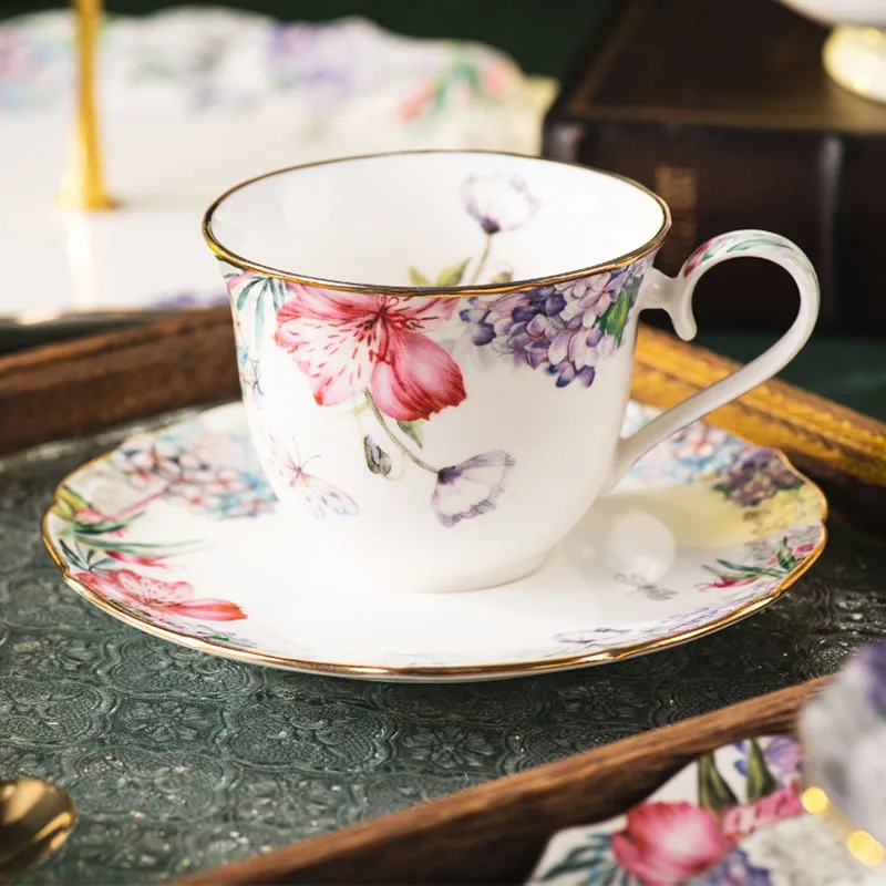 European afternoon tea set, ceramic cup and plate set, household floral tea cup and dessert plate