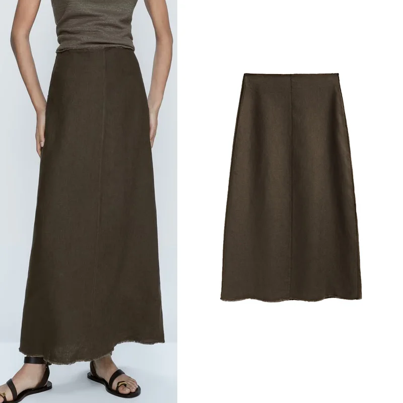 

Удобная льняная юбка длиной до щиколотки для поездок на работу, длинная юбка трапециевидной формы с высокой талией на молнии, однотонная длинная юбка для женщин