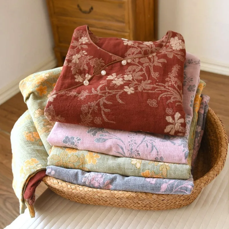 

Новый женский пижамный комплект 2026 года для весны и осени, 100% хлопковая марля, круглый вырез, длинный рукав, тонкая домашняя одежда, комплект из двух предметов