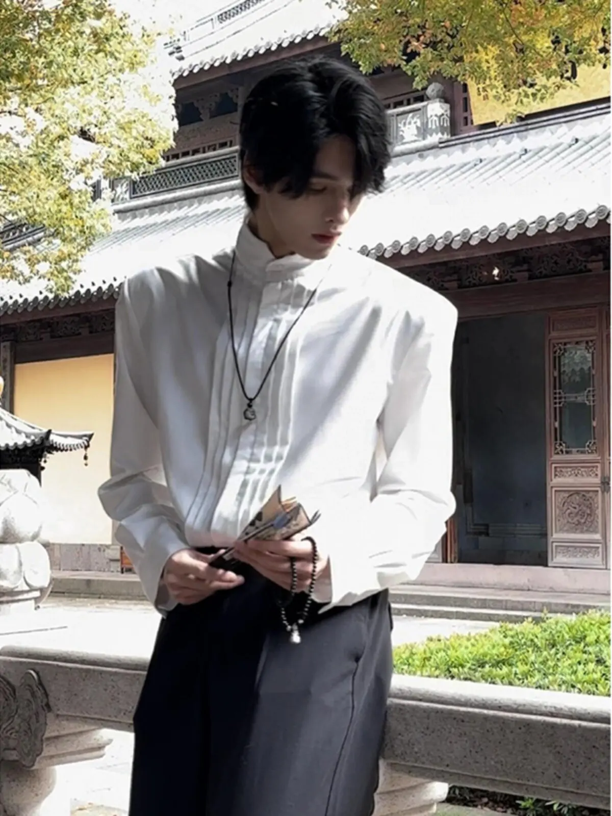 New Chinese Style Deconstructed Shoulder Pad Men's Shirt Cleanfit Silhouette Pleated Stand Collar Hanfu Inner Shirt Trendy