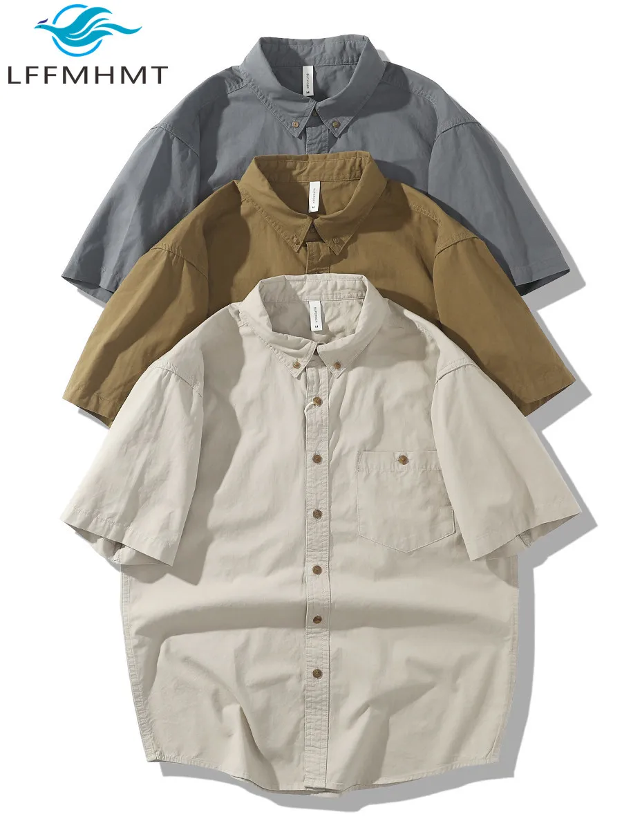 Good Quality Japan Style 100% Cotton Short Sleeve Casual Shirt Summer Fashion Solid Color Simple Basic Cargo Streetwear Tops