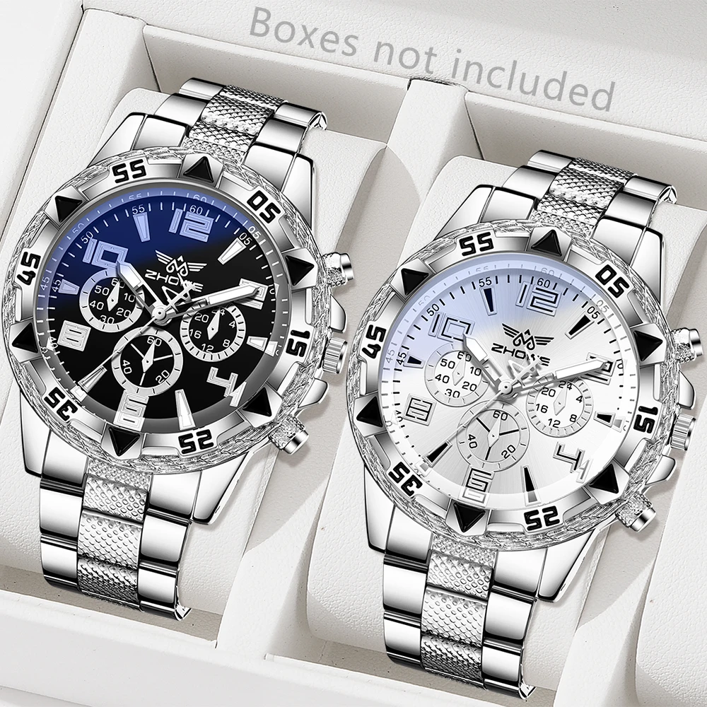2PCS Silver Men's Watch Set Fashion Trend Business Quartz Watch Set Suitable for Daily Clothing Matching Perfect Gift