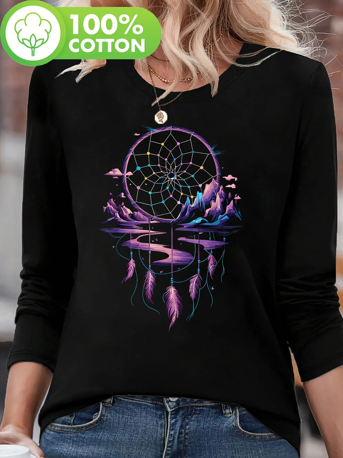 Gothic Women'S 100% Cotton Long Sleeve Dream Catcher Print T-Shirt Design Crew Neck Casual Top for Winter Fall Casual T Shirt