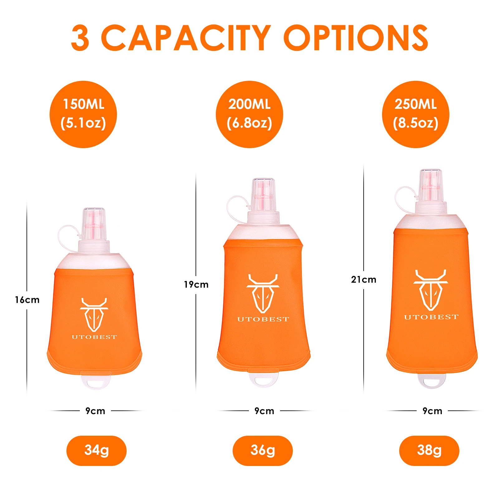 UTOBEST 150ml 200ml 250ml Soft Flask Foldable Silicone Water Bottle TPU Running Kettle for Hydration Pack Bag Vest