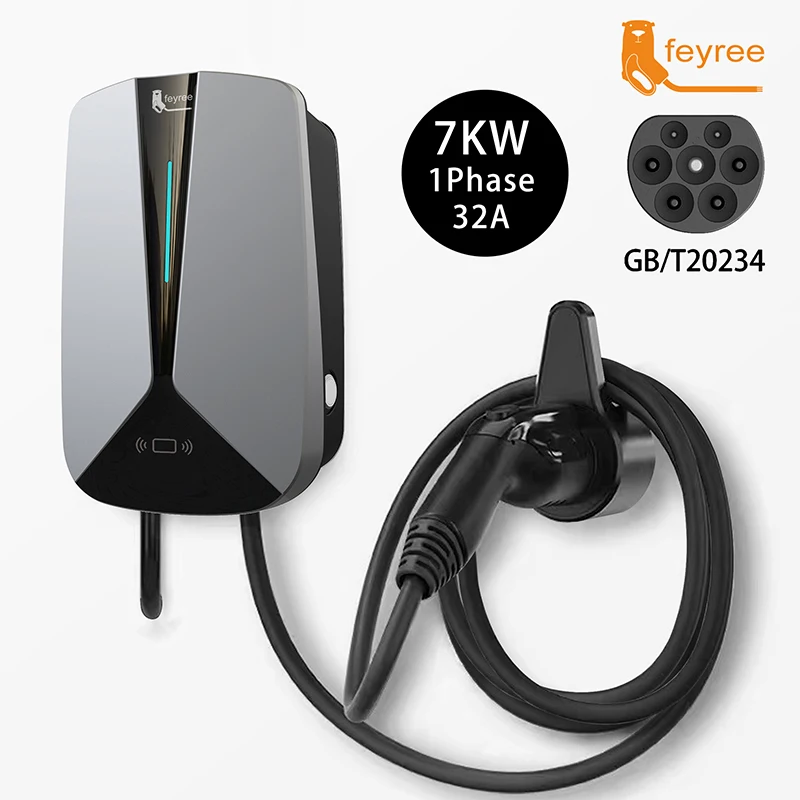 feyree EV Charger GB/T Plug Socket 32A 7.6KW 1Phase EVSE Wallbox Plug and Charge Model 5m Cable for Electric Vehicle Car Charger