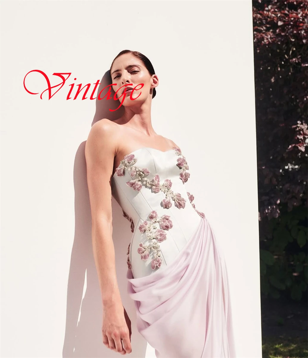 

Customized Delicate Light Pink Satin Evening Dress Temperament Strapless Sleeveless Zipper Back Flowers Special Occasion Gowns