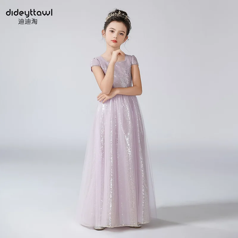It's Yiiya Customized Flower Girl Dresses Purple Sequins Tulle Square Collar Cap Sleeves Bow A-line Floor Length Kids Gowns T151