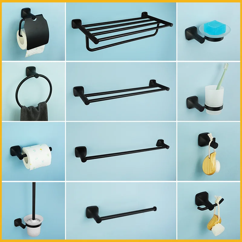 

Bathroom Accessories Set Single Rod Towel Rack with Towel Ring Clothes Hook Paper Holder Soap Dispenser And Toilet Brush Holder